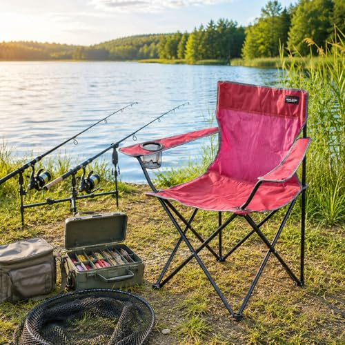 Anglersessel Campingstuhl Faltstuhl Anglerstuhl Regiestuhl Rot mit Getränkehalter und Tasche