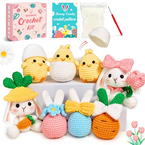 MAGIMUSE Häkelset für Anfänger, Häkel-Starter-Kits für Erwachsene, Amigurumi-Bastelarbeiten, Stricken, Häkeltier-Kits, Geschenk mit Schritt-für-Schritt-Video-Tutorials, Osterhase/Küken/Eier (40 % +