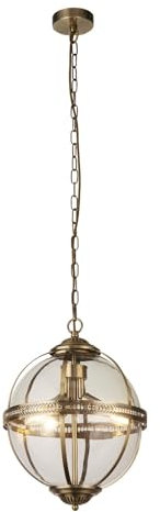 Licht-Erlebnisse Pendelleuchte Jugendstil Kugelschirm Ø 32 cm H: max. 1,2 m verstellbar in Messing Antik Klar 3x E14 Glas Metall Hängelampe Wohnzimmer Esszimmer