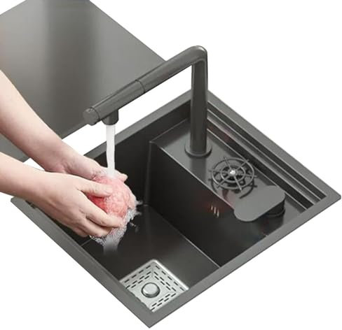 Évier de cuisine invisible en acier inoxydable, petit évier de cuisine avec lave-gobelet et robinet extractible relevable, lavabo à vaisselle, éviers à panneaux en acier inoxydable de 3 mm (acier noi