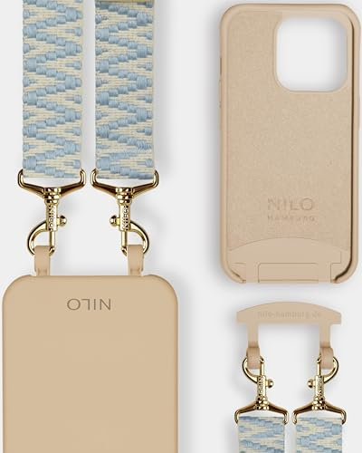 NILO® Set | Handyhülle mit Band, Handyband NILO Pansy mit nudefarbener Handyhülle für IPhone 13 Pro | hochwertige Handykette, verstellbar, mit Karabiner Gold