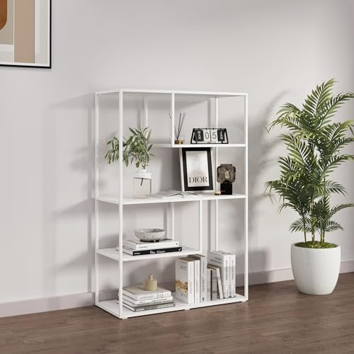 [en.casa] Bücherregal Sievi Standregal mit 4 Ablagen CD-Regal 126 x 85 x 35 cm Metallregal für Wohnzimmer Schlafzimmer Weiß, matt