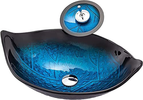 mueble lavabo sobre encimera, Lavabo For Guardarropa Con Forma De Hoja, Lavabo For Lavar A Mano, Lavabo Artístico Con Encimera De Vidrio Templado Con Combinación De Grifo Y Desagüe, For Baño De Bar En