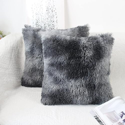 DJDEA Kissenbezüge 2er Set - Kuschelkissen Flauschig Kissen 40x40 Bezug - Künstlich Pelz Sofakissen - Dekorative Dekokissen - Kissen Flauschig Kissenbezug für Sofa 40x40 cm (Grau1, 40 x 40 cm)