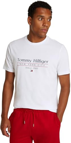 Tommy Hilfiger T-Shirt Manches Courtes Homme Center Stack Tee avec Col Ras-du-Cou, Blanc (White), L