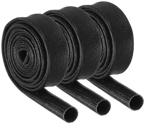 QUARKZMAN 3 Pz Intrecciata Guaina Per Cavi Elettrici, 7mm x 1m, Guaina alta temperatura in fibre di vetro, Espandibile Tagliabile Nascondi Cavi, Cable Management Per TV, Auto, Casa, Nero