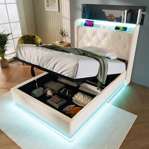 Polsterbett Einzelbett 90x200, LED Jugendbett Hydraulisch Stauraumbett Funktionsbett Bettgestell mit Stauraum & Lattenrost, Kopfteil mit USB Typ-C Ladefunktion & Staufach, PU, Ohne Matratze, Weiß
