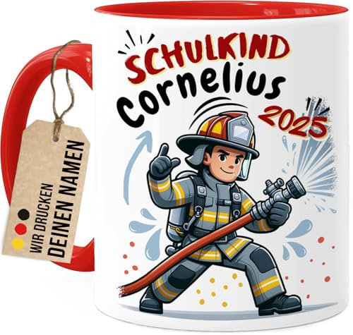Tassenliebling® Schulkind Tasse personalisiert Junge - Rot - Geschenk zur Einschulung - Feuerwehrmann Tasse - Schultüte Füllung - Schulanfang Geschenke - Grundschule Vorschule