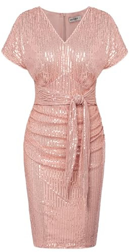 GRACE KARIN Women Glitter Sequin Sexy Ruched Silver White Wedding Guest Dresses for Special Formal Occasion Rose Gold S
