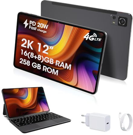 CWOWDEFU Tableta Android, Tableta de computadora 4G LTE de 12 Pulgadas, Viene con Funda de Teclado, Cuenta con 256 GB de ROM, batería PD 20W 8000 mAh, Pantalla 2K, 16 (8 + 8) GB de RAM Cuerpo Total