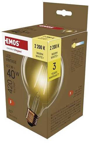 EMOS LED Lampe Vintage Edison Typ G95, 4,5W Ersatz für 40W Glühbirne, Amber Glaskolben mit E27 Sockel, Helligkeit 420 lm, Warmweiß 2200 K, 25000 Stunden Lebensdauer, CRI min. 80, 320° Abstrahlwinkel