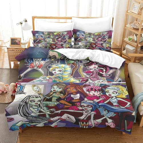 Monster High Bettbezug Set Bettwäschegarnitur Für Kinder Mädchen Jungen 3D Gedruckter Animierte Figuren Und Kissenbezüge Reissverschluss Bettwäsche Weich Microfaser 3 Teilig Double（200x200cm）