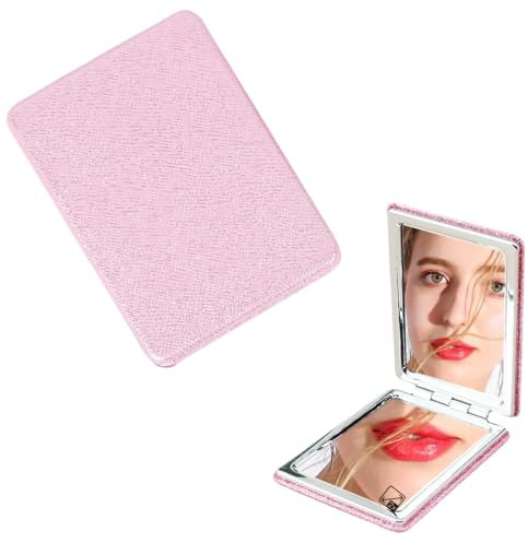 1 pièce de miroir de poche PU portable, 72mm miroir pliant compact pour sac à main, voyage, maquillage (rectangle rose)