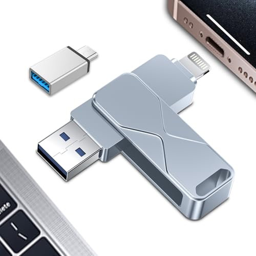 Memoria USB para iPhone 256 GB, Mfi Certified Lightning Memoria Externa Pen Drive Lápiz USB 3 en 1 para iPhone, iPad, iOS, MacBook, Android, PC (Gris, 256 GB)