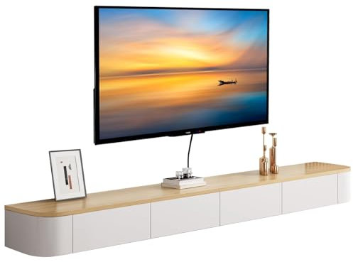 MWIDCIEW 140cm Floating TV Unit with Flip-Down Doors & Drawers, Modern Wall-Mounted TV Cabinet, Floating TV Media Units Shelf with Storage for Living Room, Bedroom, White & Wood – Fully Assembled