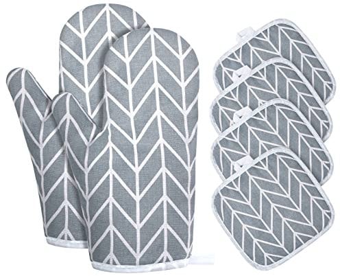 AUAUY 1 Paar Ofenhandschuhe und 4 Topflappen, Baumwolle rutschfeste Topfhandschuhe, Waschbare Backofenhandschuhe, Hitzebeständig [bis 180°C/356°F] Kochhandschuhe zum Kochen Backen Grillen (Grau)