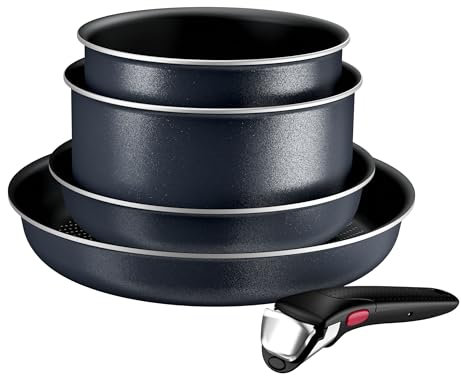 Tefal Ingenio Enjoy - Juego de 2 Sartenes 22/28 cm + 2 Cazos 18/20 cm + Mango extraíble, Apto inducción, antiadherentes, revestimiento titanio, Thermo-signal, apto lavavajillas y horno