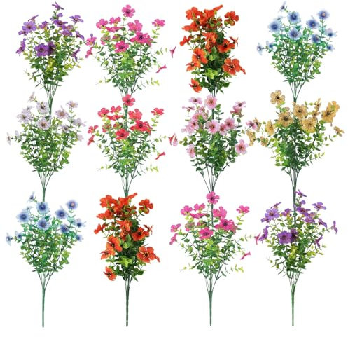 Flores artificiales, paquetes de flores de seda falsos de 12 piezas para el exterior, plantas de arbustos UV resistentes al aire libre, accesorios de decoración de plantas resistentes a la intemperie
