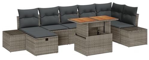 vidaXL Garten-Sofa-Set mit Kissen mit Speicher 8 pcs Grau Poly Rattan, Garten-Sofa-Set, Modern, Modular, Gartenmöbel-Set, Verstellbare Füße, Patio Lounge, Terrassensitz
