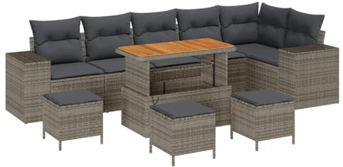 vidaXL 10-teiliges Garten-Sofa-Set mit Kissen in Grau aus Poly Rattan und Akazienholz. Wetterfest, robust und bequem. Stylische Außenmöbel für 6 Personen, ideal für Deine Terrasse oder Lounge.