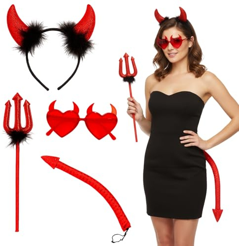 WangVipfei 4-Teiliges Teufel Kostüm Set für Damen | mit Teufelshörner Haarreif, 35cm Dreizack, flexiblem Schwanz und Brille in Rot für Halloween & Karneval