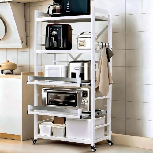 quolliter Küchenregal mit Rollen, 5 Ebenen Standregal aus Stahl bis 200 kg | Vollauszug•Mehr Arbeitsfläche•Rostgeschützter Karbonstahl•Höhenverstellbar•60cm Breit•Ideal für Mikrowelle & Airfryer