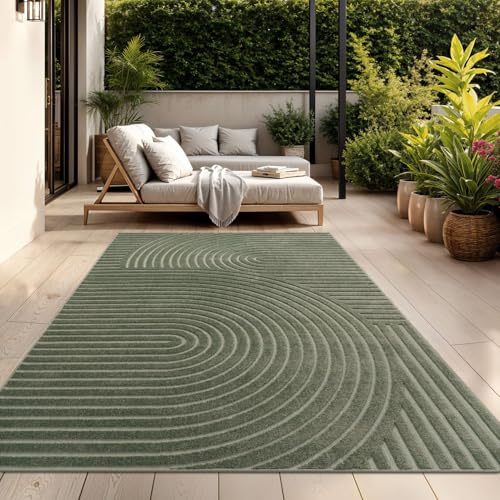 TT Home Outdoor Teppich 160x220 cm Grün, Wetterfest & Robust modernes Boho Skandi Design mit 3D-Optik, für Terrasse & Wohnzimmer
