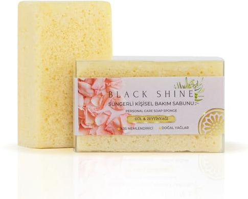 Black Shine Turkish Hammam Exfoliating Sponge-Infused Soap Bar (Pack of 4)– Loofah Body Scrubber for Shower – Gift-Ready Bathroom Essential,(Rose & Olive Oil)