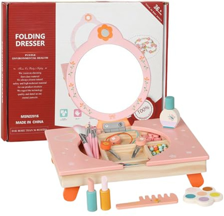 Schminktisch Spielset Für Kinder,Holz Klapptisch Mit Spiegel Und Zubehör - Klappbarer Rollenspiel Schminktisch für Mädchen mit Kamm und Kosmetik,Für Geburtstag Weihnachten Spielsalon Und Kinderzimmer