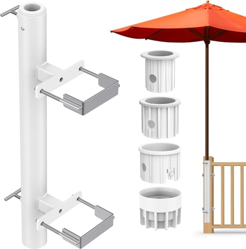 Dolibest Pince Parasol Balcon Clip Fixation/Rambarde 10.6x10.4cm/Blanc | Réglable,Poteau 3-5cm,Manchon Réducteur,Sans Perçage,Support Parasol Balustrade,Balcons Terrasses Table Jardins Patios