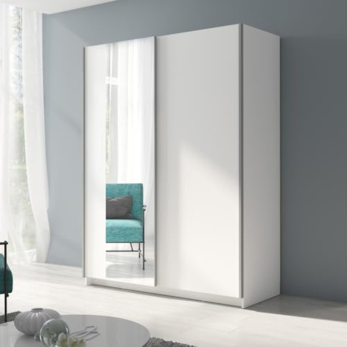 Home Collective Schwebetürenschrank Kleiderschrank Schrank mit Spiegel und Schiebetüren | viel Stauraum mit 4 Einlegeböden & Kleiderstange | modern Schlafzimmer Möbel | weiß mit Spiegel | 180x198 cm
