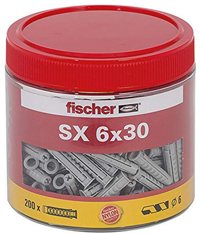 fischer Spreizdübel SX 6 x 30, handliche Runddose mit 200 Nylondübeln, Dübel für optimalen Halt bei Befestigungen in Beton, Hochlochziegel, Porenbeton, Vollziegel uvm.
