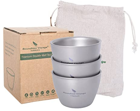 iBasingo 40ml Kleine Doppelwandige Titan Teetasse Leichte Espressotasse Mini Wine Sake Tasse Wiederverwendbares Outdoor Camping Reise Langlebiges Trinkgeschirr Tragbares Geschirr 3 Stück/set Ti3089D