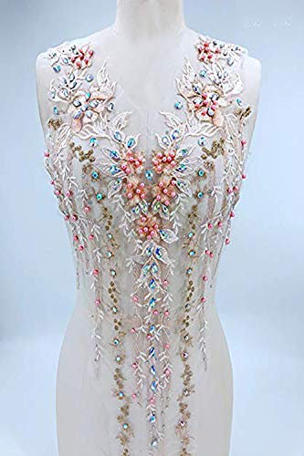 Spitzenapplikation 3D mit Perlen bestickt, Blumen, Strass, Besatz-Patches, ideal für Handarbeiten, Ausschnitt, Mieder, Hochzeit, Braut und Ballkleid - A2AB B multi