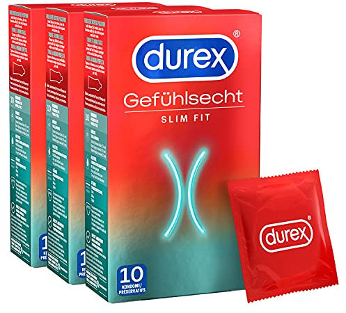 Durex Gefühlsecht Slim Kondome – Dünne Kondome mit schmaler Passform & mit Silikongleitgel befeuchtet– 3er Pack (30 Stück)
