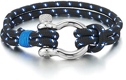 COOLSTEELANDBEYOND Acier Bracelet Vis Manilles d'ancrage - Homme Femme Bleu Blanc Sur Cordon Tressé - Nautique Marin Envelopper Bracelet