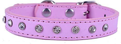 SOCHII Fashion Pu Leather Pet Dog Cat Collars Crystal Rhinestones Collars for Small Dogs Adjustable Size S Pink White Red Color