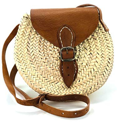 QUICKBOXX Sac Rafia Femme dans Tresse Rond Paille Cuir d'Origine Bandouliere Plage pour Été en Osier Panier Rotin