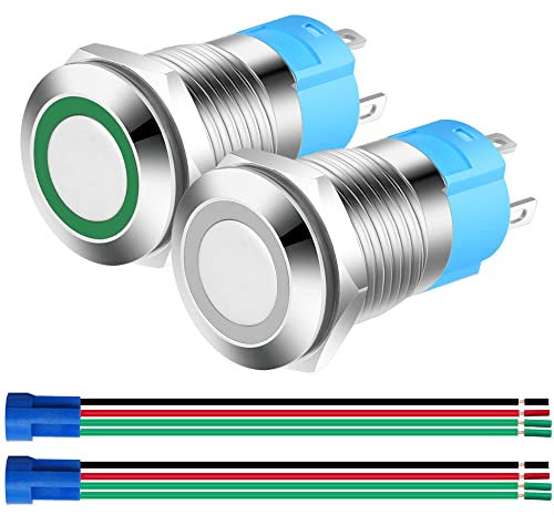 Gebildet 2pcs 12mm Momentáneo Pulsador de Botón Acero Inoxidable,Impermeable ON/Off 12V-24V 3A Normalmente Abierto SPST Pulsador con Enchufe de Cable(Blanco+Verde)