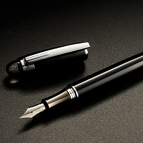 Metal Fountain Pen Fine Tip 0.5mm Fine Nib Refillable Fountain Pen and Cap with Screw Cap - Gift Box (Black)
