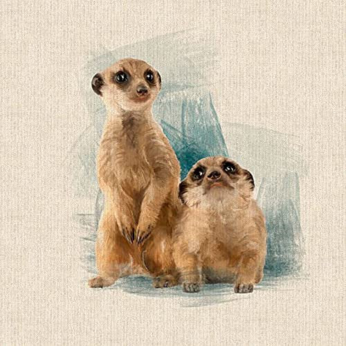 Aquarell-Tiere, Digitaldruck-Design, Baumwolle, reiche Leinen-Optik, Stoff für Wimpelkette, Jalousien, Basteln, Quilten, Patchwork und Polsterung, Verkauf pro Paneel (Erdmännchen)