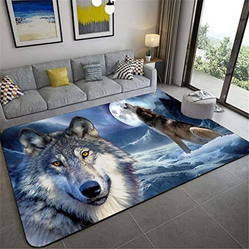 Wolf Druck Großer Teppich für Wohnzimmer Schlafzimmer Moderne Dekoration rutschfeste Flanell Kinderzimmer Spielen Bodenmatte, Wald Schnee Nachthimmel Mond Wölfe Muster (Bleu,140x200 cm)