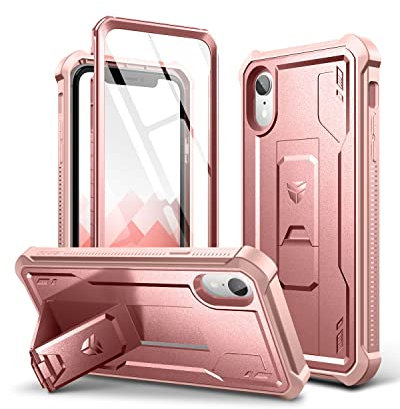 Dexnor Case for iPhone XR 360 Full Body Heavy Duty Rugged Shockproof Military Drop Tested Protective Cover Built in Screen Protector and Kickstand for iPhone XR-Rose Gold
