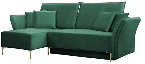 Ecksofa Mokoli mit Schlaffunktion 140x200 und Bettkasten, Ottomane Universal, Eckcouch, L-Form Couch mit Bettfunktion, Polsterecke, Wohnlandschaft (Füße: Gold, Tiffany 10)