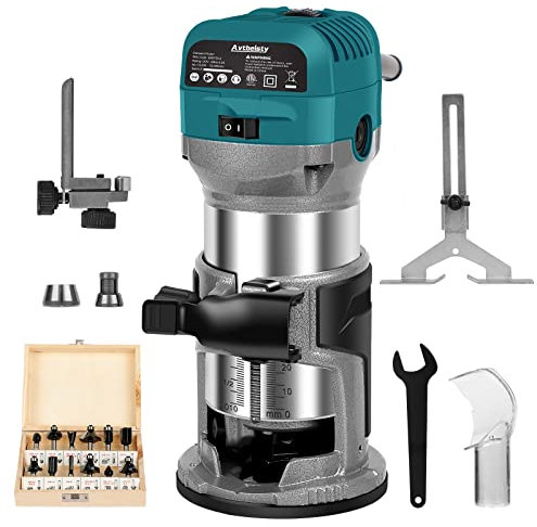 Avtbeisty Outil de défonceuse à bois de 6,5 A, défonceuse compacte de 1,25 HP avec 6 vitesses variables, base fixe, 12 mèches à défoncer en bois, pinces 6,35 mm et 9,5 mm, guide de bord, guide de