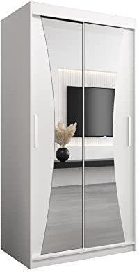 E- MEUBLES Armoire de Chambre avec 2 Portes coulissantes et Miroir, Penderie (Tringle) avec étagères (LxHxP): 100cmx200cmx62cm MEGRA Weiß