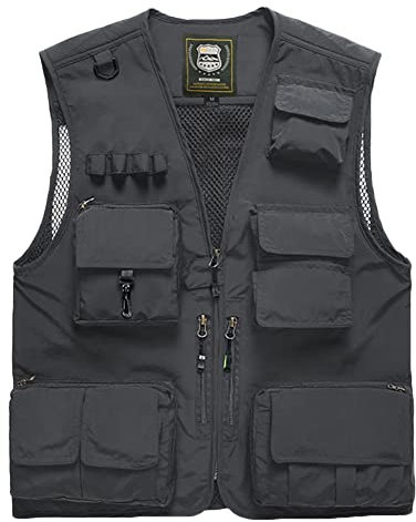 MISSMAO Herren Outdoor Weste mit Vielen Taschen Anglerweste Leicht Safari Weste Sommer Multifunktionsweste Atmungsaktiv Angeln Weste Dünne Freizeitweste Grau L