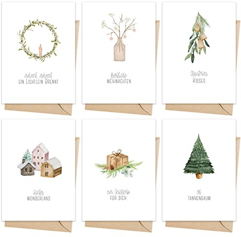 Weihnachtskarten mit Umschlag Set (12 Stück) - A6 Klappkarten für Weihnachten - Christmas Postkarte mit Umschlägen für deine Weihnachtsgrüße - Coole Weihnachtspostkarten mit und ohne Sprüche
