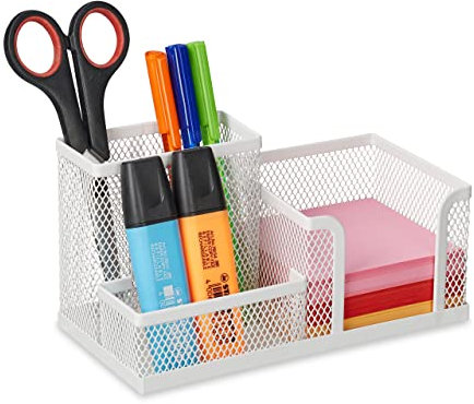 Relaxdays Schreibtisch-Organizer, 3 Fächer, Mesh-Design, HxBxT: 10 x 18,5 x 9,5 cm, Zettelbox mit Stiftehalter, weiß