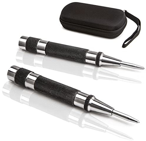 ALLY Tools Heavy Duty Automatic Center Punch w/Hardened Steel – 2PC Premium Automatic Center Punch for Metal for Machinists and Carpenters w/Adjustable Knurled Cap, Spring Loaded and Hard-Shell Case